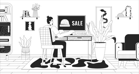 Caucasian man ordering hat for sale online black and white line illustration. European male customer shopping on internet 2D character monochrome background. Buying staff outline scene vector image