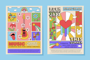 Music retro poster. Summer festival. Event invitation. Rock band concert. Cartoon design flyer template. Musical party. Rainbow and psychedelic mushroom. Hippie fest. Vector garish groovy banners set