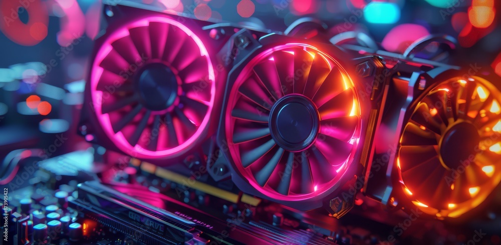 Poster close up of colorful computer graphics cards with fans and leds on motherboard