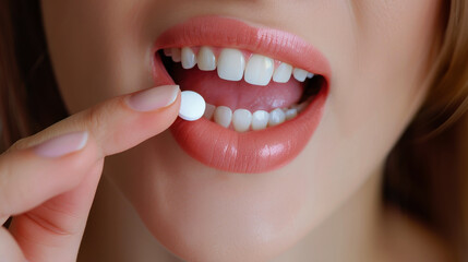 Obraz premium Close up of woman mouth and lips taking a white medecine pharmaceutical pill