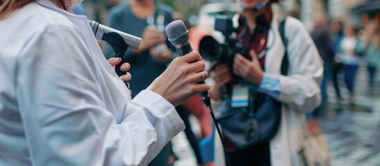 Naklejka premium Press Conference: A Reporter Talking to the Media