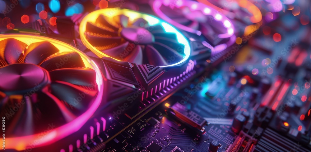 Poster close up of colorful computer graphics cards with fans and leds on motherboard