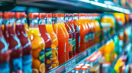 Assorted fruit juices in bottles on a supermarket shelf