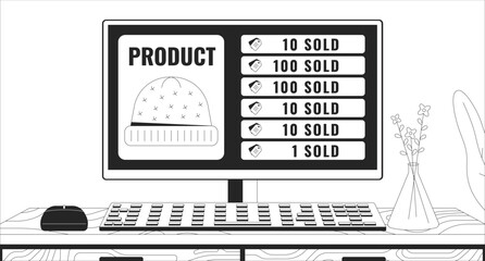 Warm hats selling analytics on pc monitor black and white 2D illustration concept. Online clothes store running outline cartoon scene background. E commerce metaphor metaphor monochrome vector art