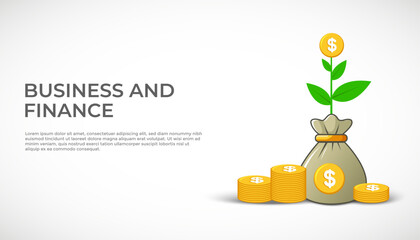 Investment and finance growth business concept. Growing tree on money bag background. Hand drawn vector sketch illustration. Poster, banner design template