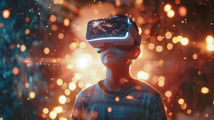 Young boy wearing virtual reality goggles at night. Future technology concept.