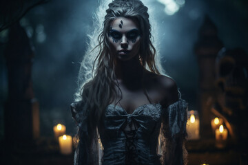 AI generated picture of a mysterious woman standing in a graveyard at night