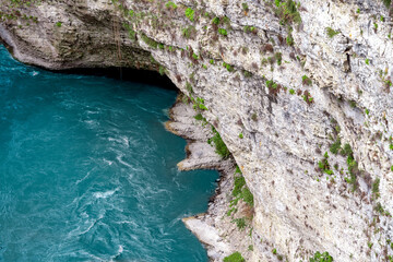 mountain river and rocks with green fresh plants