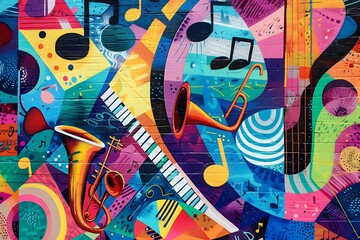 A colorful mural of a music-themed scene with instruments, notes, and vibrant patterns.