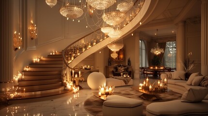 Fototapeta premium Luxurious living area with a grand staircase, a crystal chandelier, and unique hanging lights, set within a chic and elegant interior.