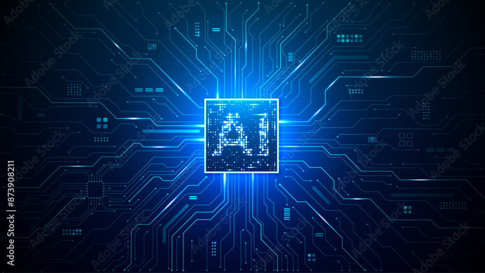 Poster Futuristic circuit board technology background with brightly glowing AI chip in the center. CPU processor with artificial intelligence icon consists of light neon pixels. Vector illustration. Tech bg.