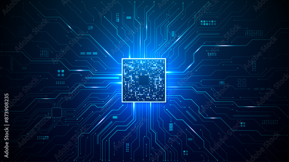 Poster Brightly glowing AI chip on light circuit board on technology blue background. CPU processor or semiconductor on tech bg. Computer microchip on motherboard. Abstract digital vector illustration.
