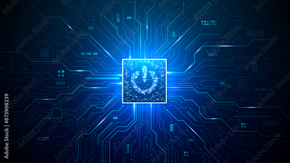 Aufkleber Abstract digital glowing innovation circuit on technology blue background. AI chip with power icon consist of light pixels. Circuit tech bg. Semiconductor or computer processor. Vector illustration. 