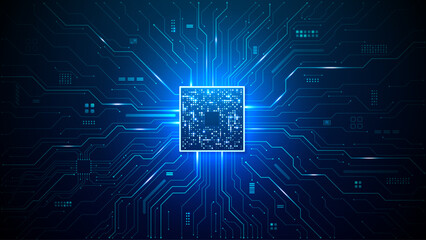 Brightly glowing AI chip on light circuit board on technology blue background. CPU processor or semiconductor on tech bg. Computer microchip on motherboard. Abstract digital vector illustration.