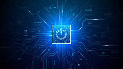 Abstract digital glowing innovation circuit on technology blue background. AI chip with power icon consist of light pixels. Circuit tech bg. Semiconductor or computer processor. Vector illustration. 