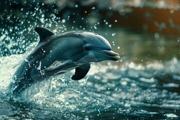 Fototapeta premium Playful dolphin emerges from sparkling water, captured at the golden hour
