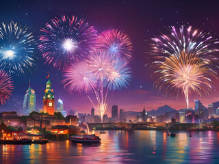 Celebrate the start of 2024 with a vibrant fireworks display over a bustling cityscape, as the clock strikes midnight and the new year begins.