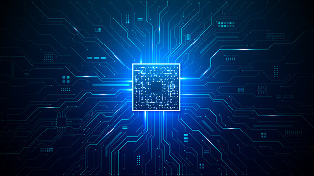 Brightly glowing AI chip on light circuit board on technology blue background. CPU processor or semiconductor on tech bg. Computer microchip on motherboard. Abstract digital vector illustration.
