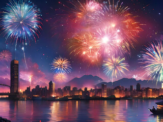 Fototapeta premium Celebrate the start of 2024 with a vibrant fireworks display over a bustling cityscape, as the clock strikes midnight and the new year begins.