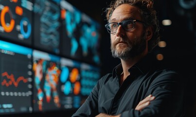 Obraz premium A portrait of a visionary tech entrepreneur standing in front of an AI-driven data visualization wall, showcasing real-time analytics and machine learning models