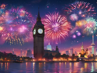 Fototapeta premium Celebrate the start of 2024 with a vibrant fireworks display over a bustling cityscape, as the clock strikes midnight and the new year begins.
