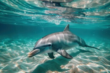 Obraz premium Clear underwater shot capturing the graceful motion of a dolphin in a sunlit sea