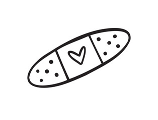 Hand drawn aid band plaster with heart care isolated on white background. doodle outline style