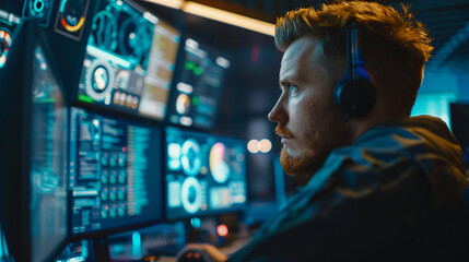 Focused cybersecurity professional monitoring data on multiple screens in modern control room environment, wearing headset, side view.