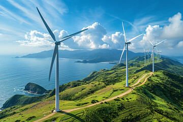 Coastal wind farm with ocean backdrop