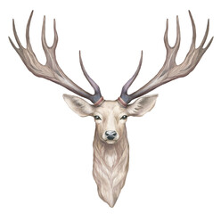 Watercolor deer, hand-painted animal head, forest spirit, woodland animal, horns, antlers, realistic drawing, isolated png 