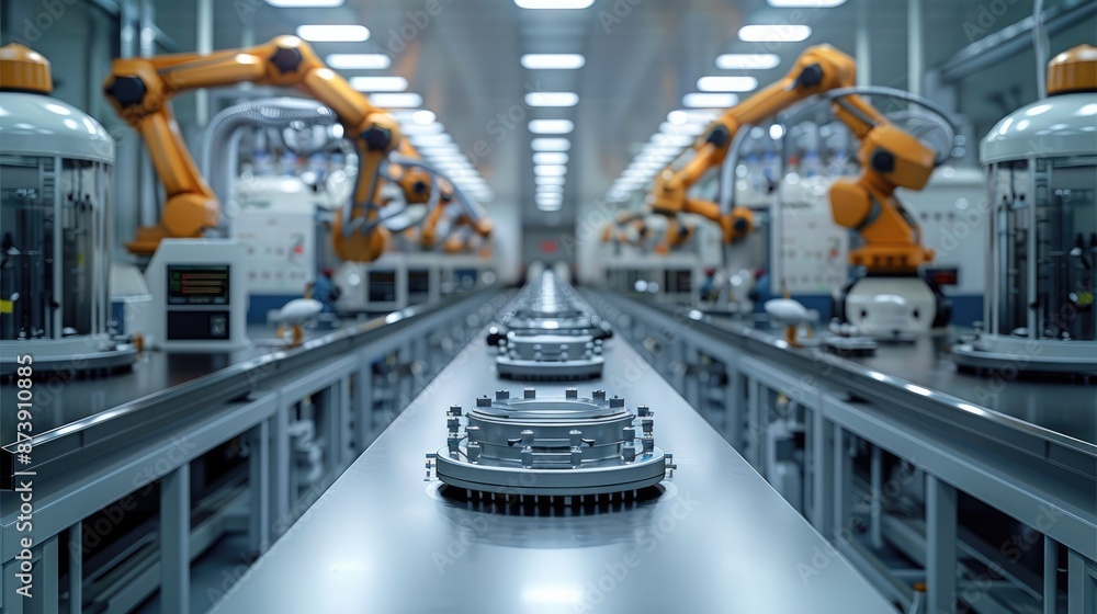 Poster a biopharmaceutical production facility with robotic arms and bioreactors. generative ai.