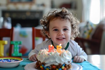 Fototapeta premium Little girl with birthday cake and candles