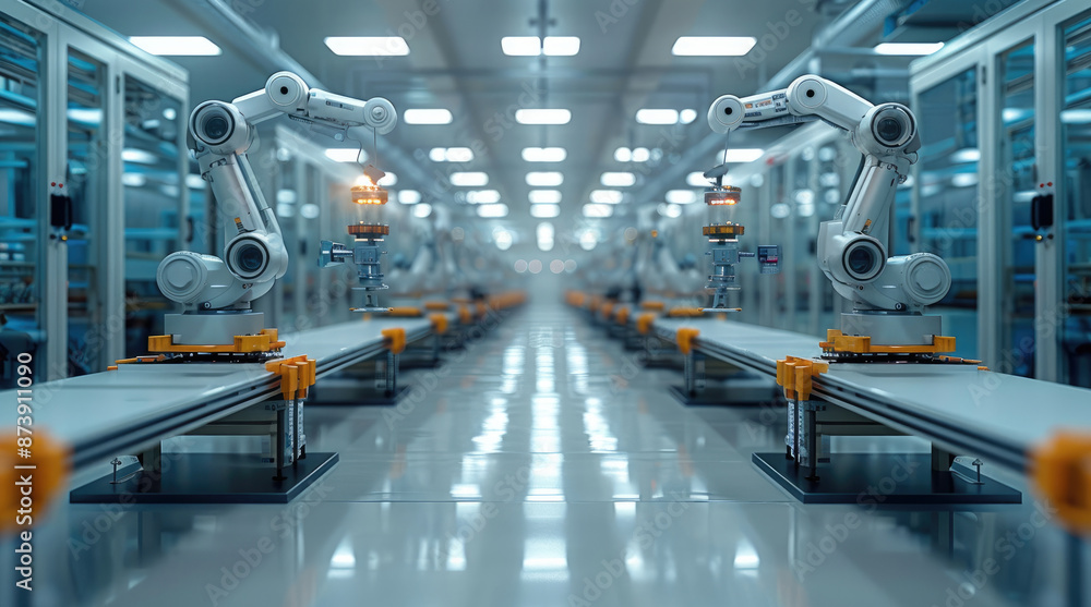 Poster a biopharmaceutical production facility with robotic arms and bioreactors. generative ai.