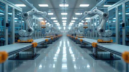 A biopharmaceutical production facility with robotic arms and bioreactors. Generative AI.