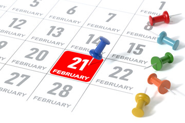 February Calendar with Blue Pushpin. Calendar Concept Using White Background and Simple Composition. 3d Rendering