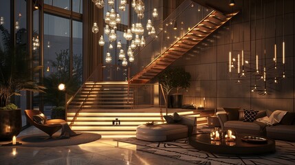 Stylish living area with a sleek staircase, a magnificent chandelier, and contemporary hanging lights, surrounded by a refined and elegant interior.
