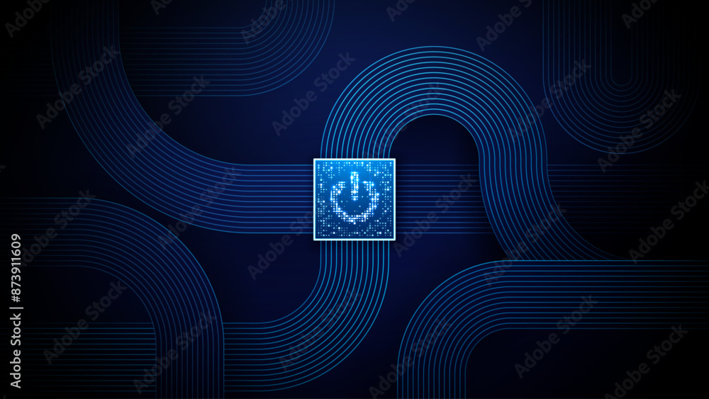 Aufkleber Technology background with glowing AI chip in center of a circuit board. Power button consist of pixels. Flat circle cables in blue. CPU semiconductor or processor with power icon. Vector illustration