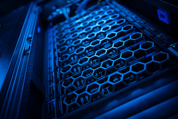 close up of network cables connected to server racks in data center room.