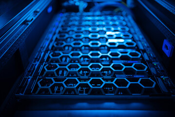 close up of network cables connected to server racks in data center room.