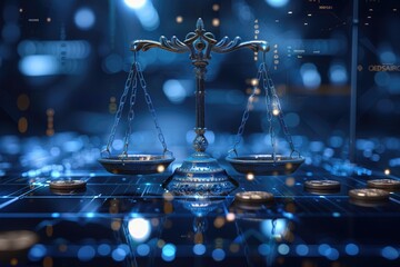 A balanced scale with fintech elements on one side and coins on the other, representing ethical balance in fintech, with a corporate look in blue shades