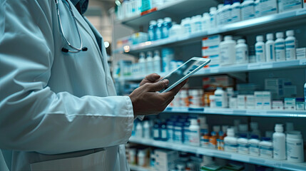 Pharmacist Using Tablet Computer for Inventory Management in Pharmacy: Efficient Healthcare Operations, Digital Technology in Pharmaceutical Industry