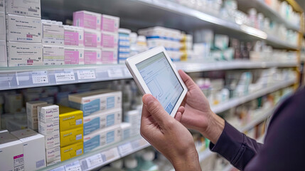 Pharmacist Using Tablet Computer for Inventory Management in Pharmacy: Efficient Healthcare Operations, Digital Technology in Pharmaceutical Industry