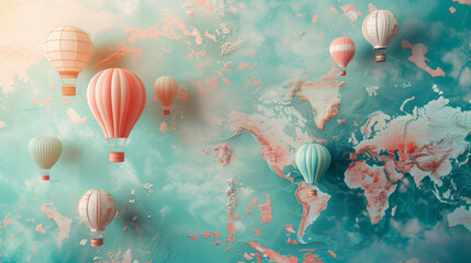 celebrate world tourism day with a whimsical design a pastel background adorned with hot air balloons and a world map overlay