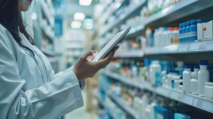 Pharmacist Using Tablet Computer for Inventory Management in Pharmacy: Efficient Healthcare Operations, Digital Technology in Pharmaceutical Industry
