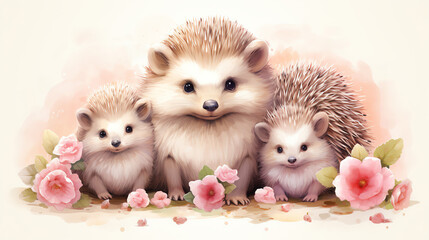 Cute family of hedgehogs with pink flowers