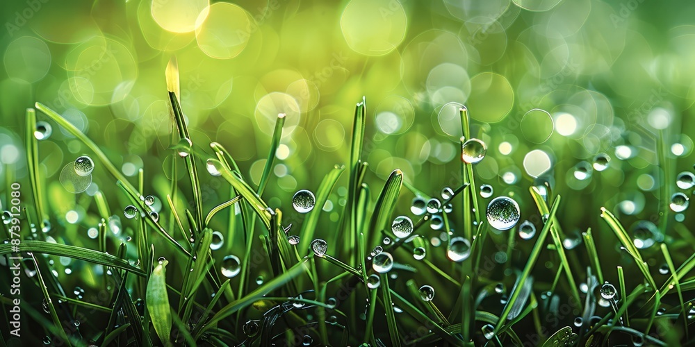 Poster green border of grass, many dew drops glow and sparkle. highly detailed. generative ai.