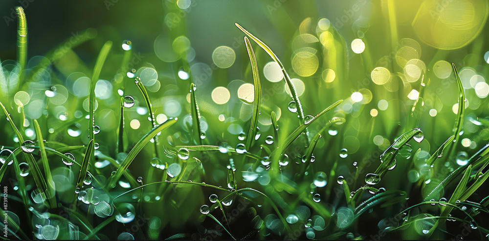 Poster green border of grass, many dew drops glow and sparkle. highly detailed. generative ai.
