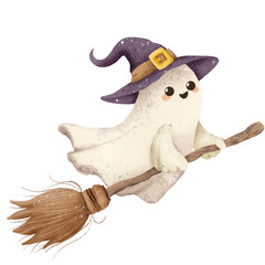 Watercolor Hand drawn illustration Rustic watercolor cute ghost witch riding on a broom stick isolated spooky halloween cartoon character element