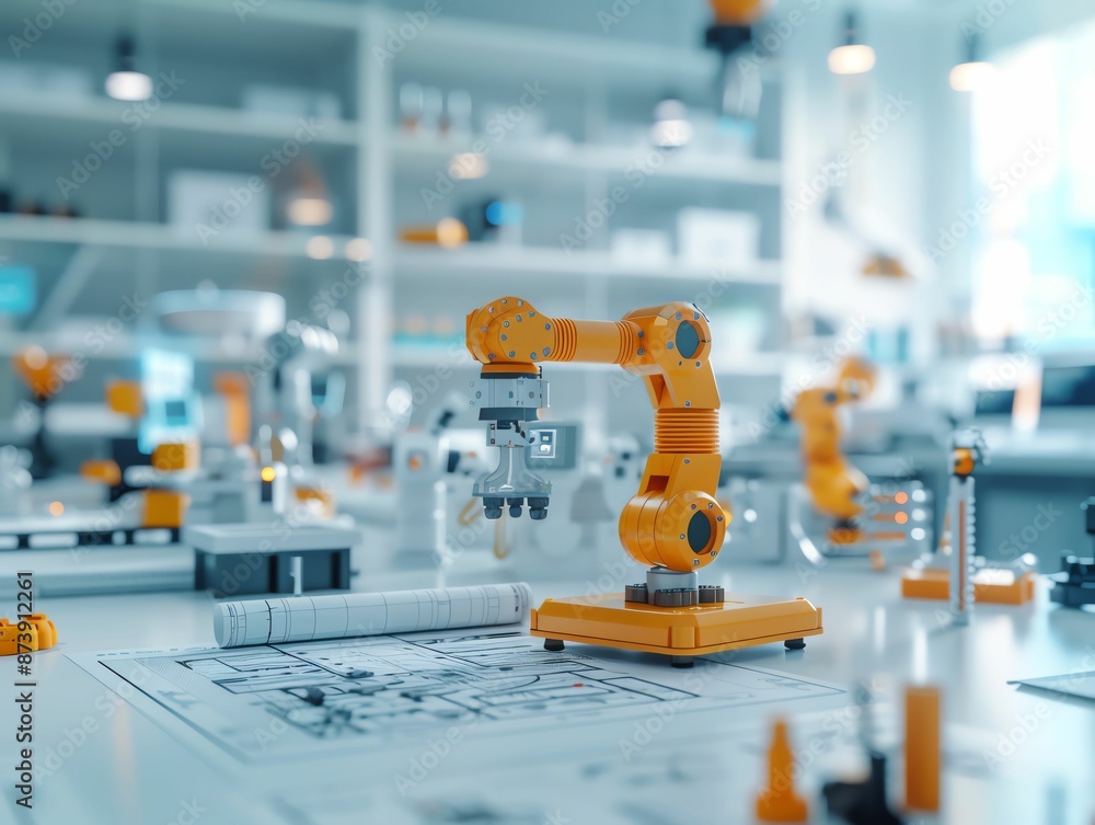 Poster a robotic arm in a laboratory setting, demonstrating automation and technological advancement.