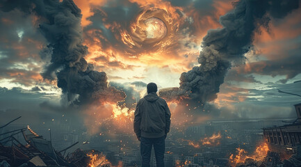 Obraz premium Rear view. Man watching the end of the world. Generative AI.